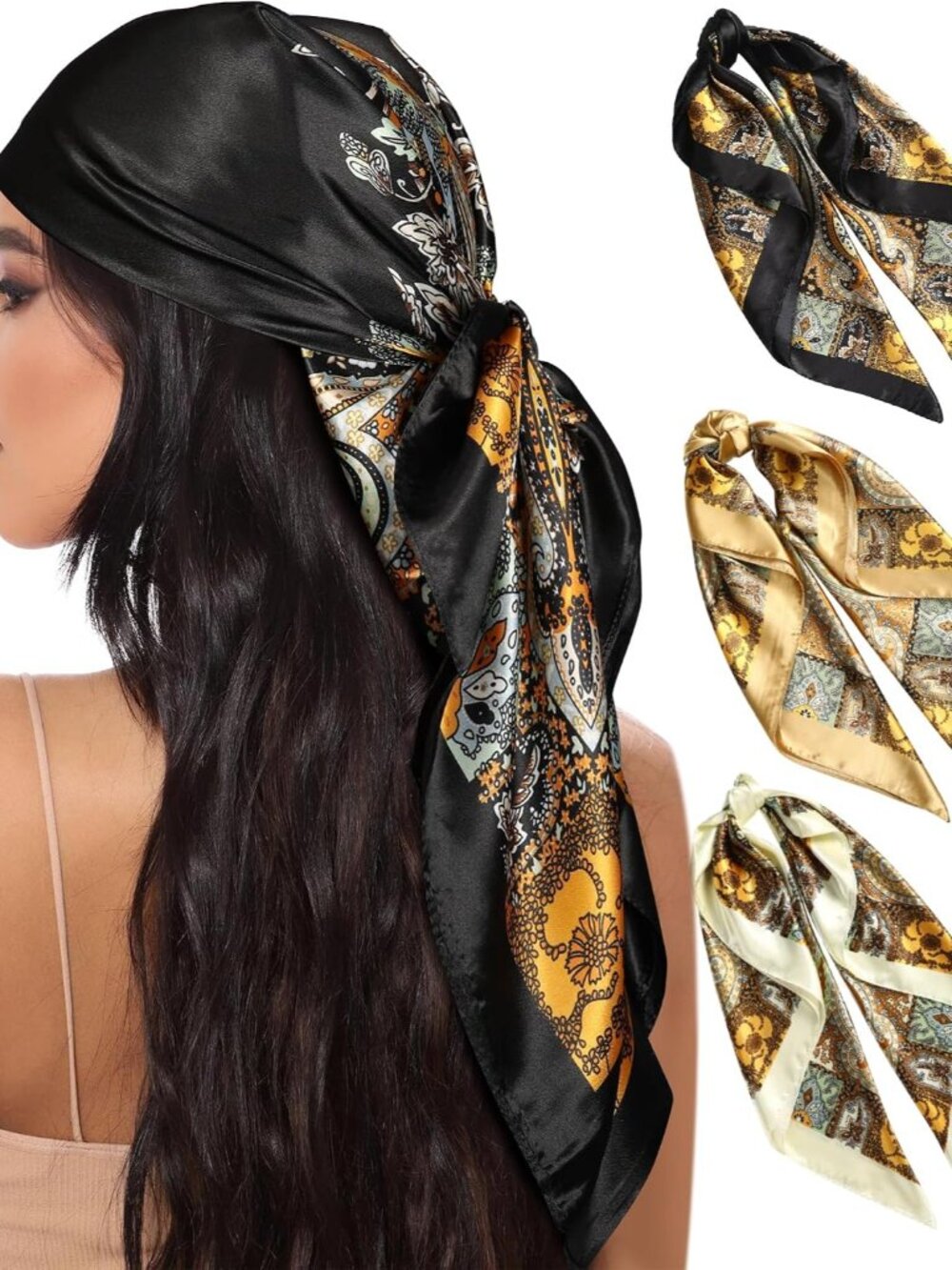 Satin Head Scarf for Women 3 Pcs 35 Inch Hair Scarf Like Silk Scarf